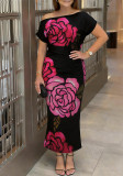 Plus Size Women's Rose Print Off Shoulder Short Sleeve Bodycon Party Dress