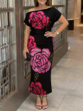 Plus Size Women's Rose Print Off Shoulder Short Sleeve Bodycon Party Dress