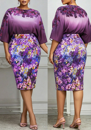 Summer Plus Size Women's Printed Round Neck Bat Sleeve Top & Midi Skirt Two-Piece Set