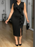 Summer Plus Size Women's Elegant Career Sleeveless V-Neck Ruffle Asymmetrical Dress