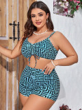 Plus Size Women's Plaid Print Long Sleeve Mesh Sun Protection Three-Piece Bikini Set