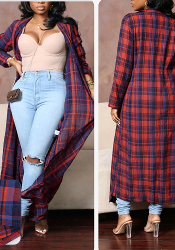 Women's Spring & Autumn Casual Street Plaid Turndown Collar Long Shirt Trench Coat