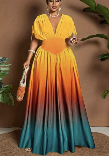 Summer Women's Chic V-Neck Slim Waist Printed Maxi Dress