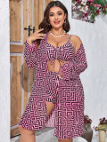 Plus Size Women's Plaid Print Long Sleeve Mesh Sun Protection Three-Piece Bikini Set