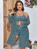 Plus Size Women's Plaid Print Long Sleeve Mesh Sun Protection Three-Piece Bikini Set