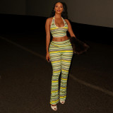 Women's Color Block Striped Print Halter Neck U-Neck Sleeveless Crop Top and Pants Two-Piece Set