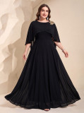 Plus Size Women's Elegant Round Neck Floral Embroidered Solid Chiffon Bridesmaid Party Dress