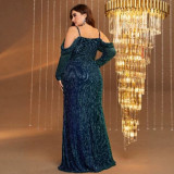 Plus Size Women's Formal Party Green Off Shoulder Long Sleeve High Slit Maxi Evening Gown