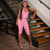 Women's Style Printed V-Neck Halter Neck Sleeveless Top Slim Pants Two-Piece Set