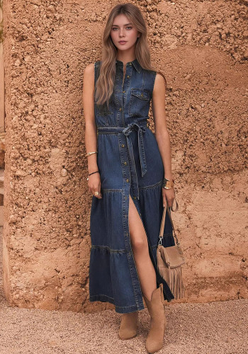 Women's Luxury Blue Sleeveless Waist Tie Denim Long Dress
