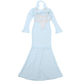 Women Sexy Sheer Ruffle-Edge Halter Long-Sleeve Dress Set