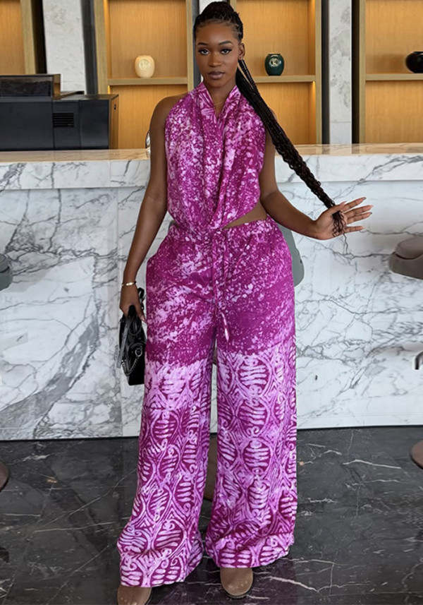 Summer Color Block Printed Ruched Cowl Neck Outdoor Two-Piece Pants Set