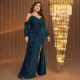 Plus Size Women's Formal Party Green Off Shoulder Long Sleeve High Slit Maxi Evening Gown