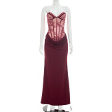 Women Square-Neck Lace & Line-Print Patchwork Pleated Dress