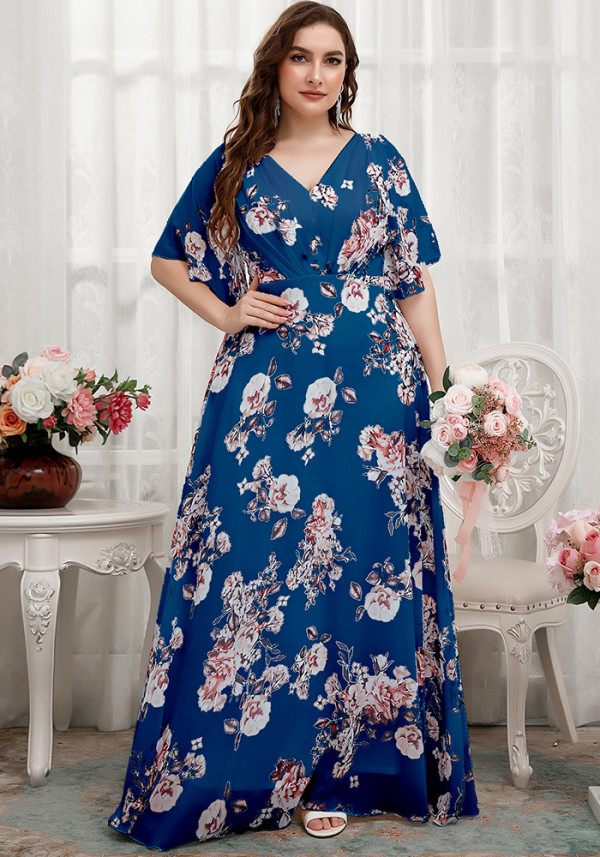 Plus Size Women's Holidays Formal Party Chic Printed V-Neck Chiffon Maxi Dress