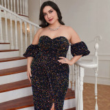 Women's Formal Party Black Off Shoulder Sequin Puff Sleeve High Slit Evening Gown