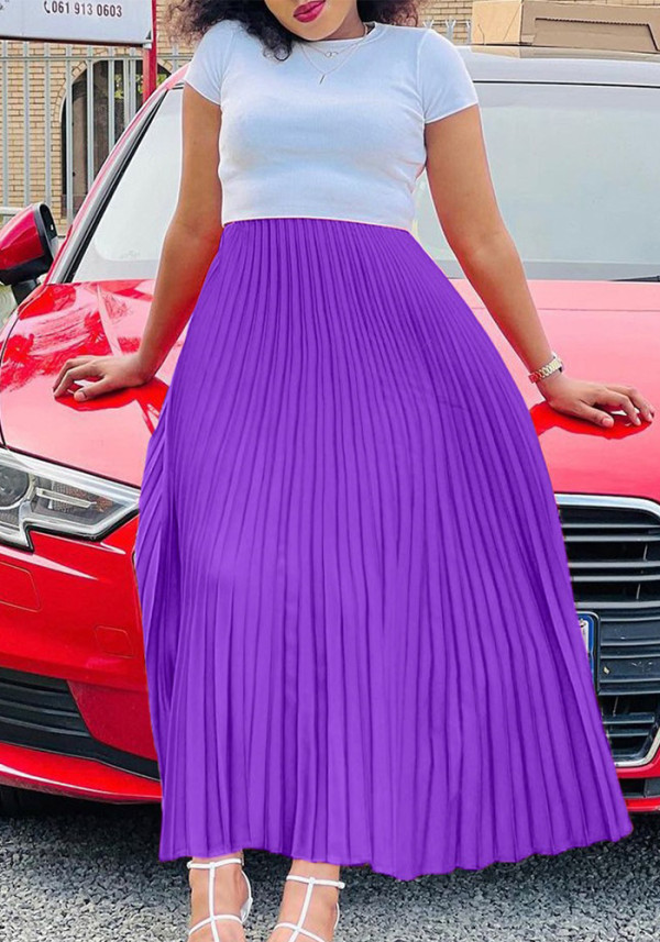 Plus-Size Autumn Solid Pleated Maxi Dress