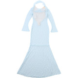 Women Sexy Sheer Ruffle-Edge Halter Long-Sleeve Dress Set