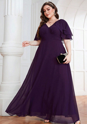 Plus Size Women's Formal Party Purple V-Neck Flutter Sleeve Chiffon Slim Fit Maxi Evening Gown