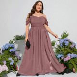 Plus Size Women's Off Shoulder Strap Chiffon Ruched Slim Waist A-Line High Slit Evening Gown