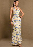 Women's Printed Halter Neck V-Neck Ruched Waist Fully Lined Mermaid Evening Dress