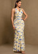 Women's Printed Halter Neck V-Neck Ruched Waist Fully Lined Mermaid Evening Dress