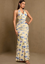 Women's Printed Halter Neck V-Neck Ruched Waist Fully Lined Mermaid Evening Dress Women's Printed Halter Neck V-Neck Ruched Waist Fully Lined Mermaid Evening Dress