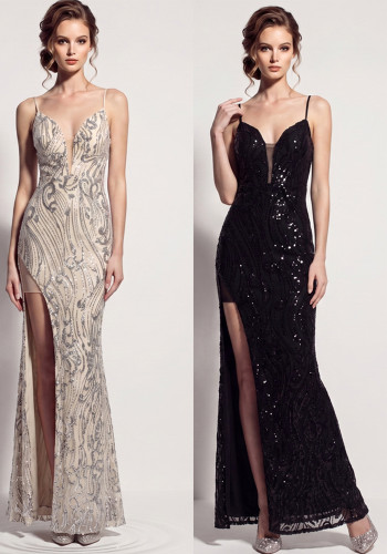 Women's Formal Party Chic Sequin Deep V-Neck Strap High Slit Maxi Evening Gown