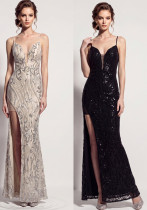 Women's Formal Party Chic Sequin Deep V-Neck Strap High Slit Maxi Evening Gown Women's Formal Party Chic Sequin Deep V-Neck Strap High Slit Maxi Evening Gown