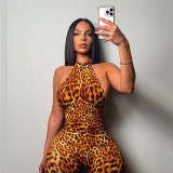 Women Summer Leopard-Print Backless Jumpsuit