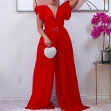 Women African-Style V-Neck Mesh Patchwork Pleated Wide-Leg Jumpsuit