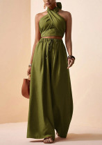 Women's Holidays Casual Crisscross Halter Neck Low Back Crop Top and Wide Leg Pants Two-Piece Set