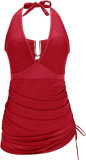 Women Casual Halter-Neck One-Piece Swimsuit with Mesh Panels & Lace-Up Detail