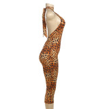 Women Summer Leopard-Print Backless Jumpsuit