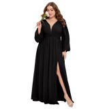 Plus Size Women's Black V-Neck Pleated Chiffon Long Sleeve High Slit Maxi Evening Gown