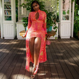 Summer Women's Holidays Beach Printed Deep V-Neck Cutout High Slit Bodycon Long Dress