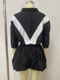 Women Color-Block Zip-Up Jacket and Paperbag-Waist Shorts Set