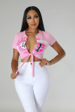 Women Printed Short-Sleeve Crop Top with Criss-Cross Lace-Up Detail
