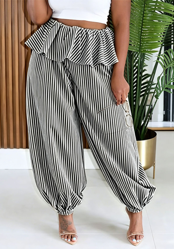 Women's Striped Lace Trim Jogger Pants