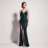 Women's Formal Party Chic Sequin Deep V-Neck Strap High Slit Maxi Evening Gown