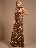 Summer Women's Polka Dot Halter Neck Tie Collar Sleeveless A-Line Evening Dress