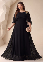 Plus Size Women's Elegant Round Neck Floral Embroidered Solid Chiffon Bridesmaid Party Dress