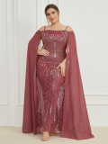 Plus Size Women's Sequin Strap Off Shoulder Flutter Sleeve Mermaid Slim Fit Maxi Evening Gown