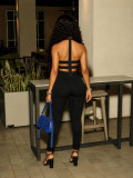 Summer Women's Fashion Solid Cutout Lace-Up Sleeveless High Waist Slim Fit Jumpsuit