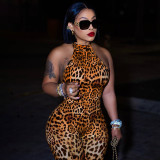 Women Summer Leopard-Print Backless Jumpsuit