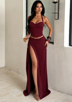 Women Sexy Two-Piece Set: Halter-Neck Top & Slit Maxi Skirt