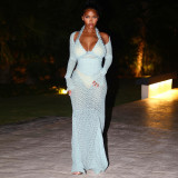 Women Sexy Sheer Ruffle-Edge Halter Long-Sleeve Dress Set