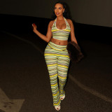 Women's Color Block Striped Print Halter Neck U-Neck Sleeveless Crop Top and Pants Two-Piece Set