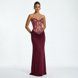 Women Square-Neck Lace & Line-Print Patchwork Pleated Dress