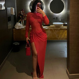 Women's Sexy Red Sheer Mesh Long Sleeve High Slit Slim Fit Long Dress